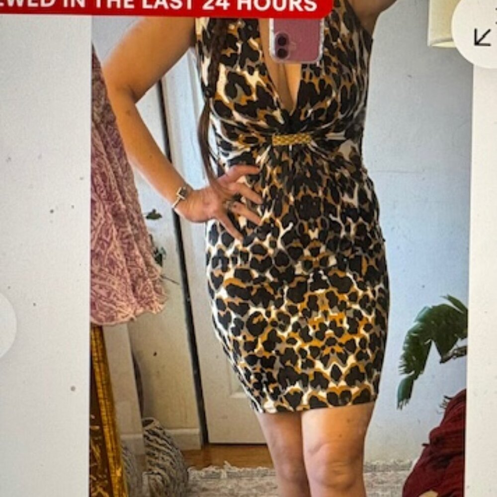 Roberto Cavalli Leopard Print V-Neck Midi Dress, Sz 38